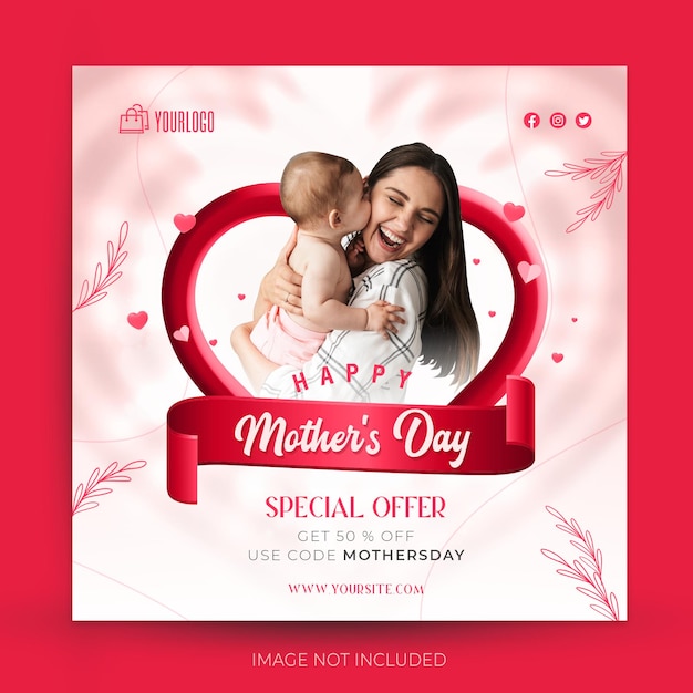 Banner di social media per la festa della mamma felice con cuori 3d rendering e fiore