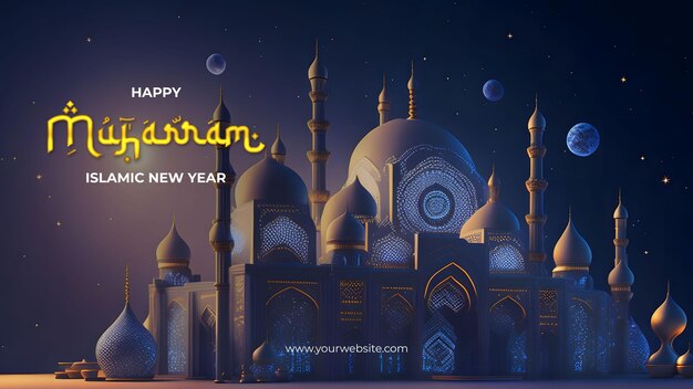Счастливый день мухаррам поздравления празднование исламского нового года купол мечети звездное ночное небо фон