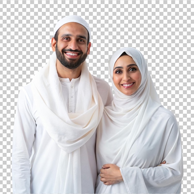 Happy muslim couple wearing ihram clothes png