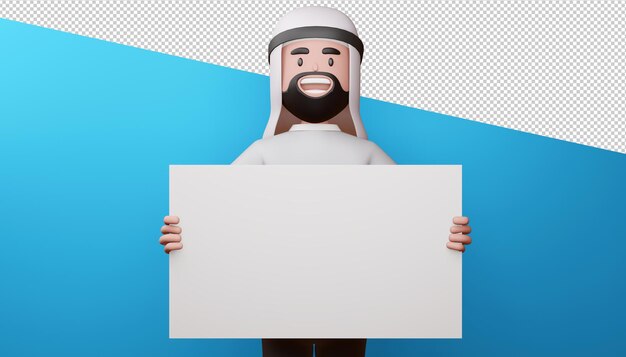 Happy muslim man with blank screen 3d rendering