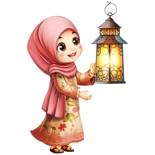 Счастливая мусульманская девушка в рамадане мусульманская девушка празднует рамадан, играя с фонарем рамадана