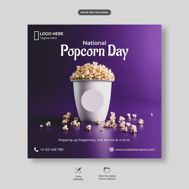 Congratulazioni per la celebrazione della giornata nazionale del popcorn social media post design o modello di banner