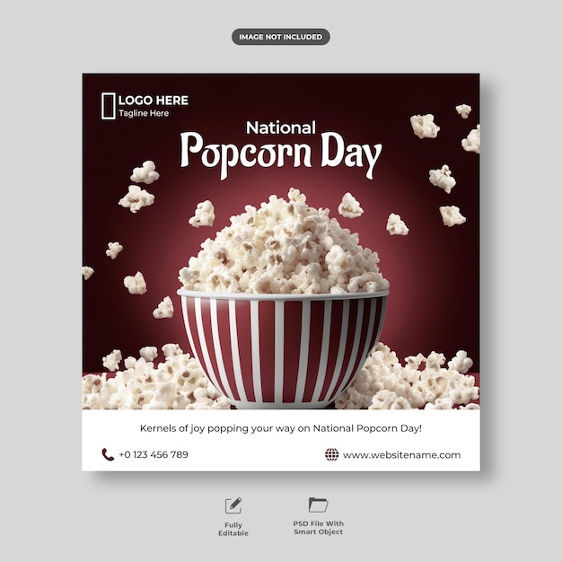 Congratulazioni per la celebrazione della giornata nazionale del popcorn social media post design o modello di banner