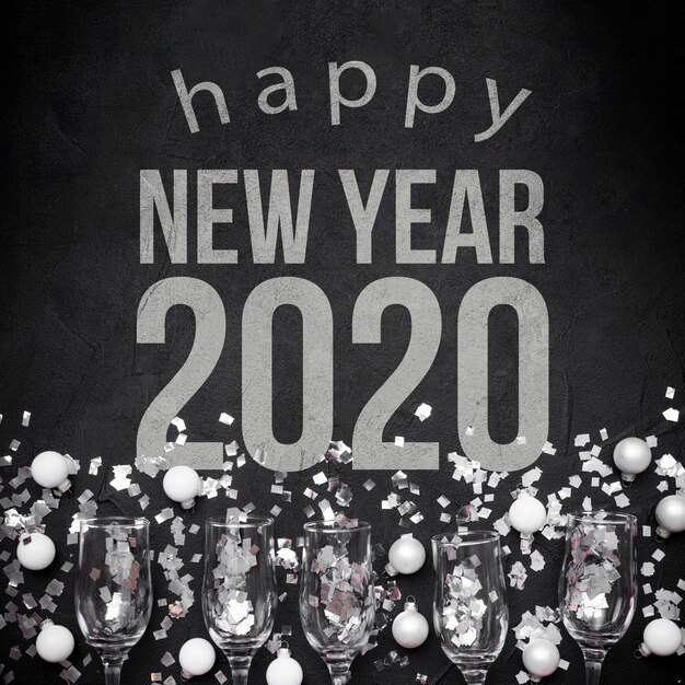 PSD happy new year 2020 with balls and glasses