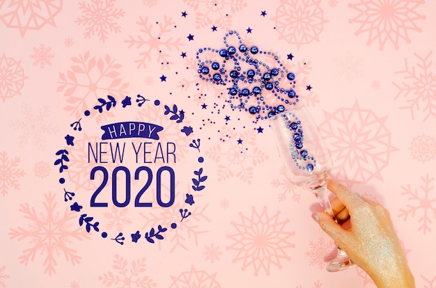 Happy new year 2020 with blue tinsel