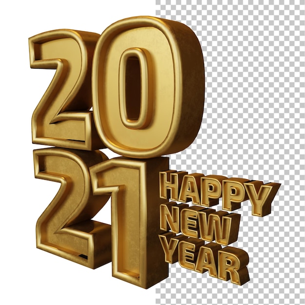 Happy new year 2021 twenty twenty one bold letter 3d render golden shine isolated