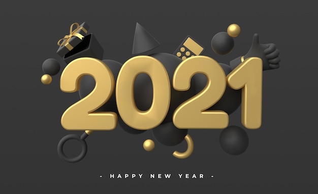 Felice anno nuovo 2021 con rendering di oggetti 3d