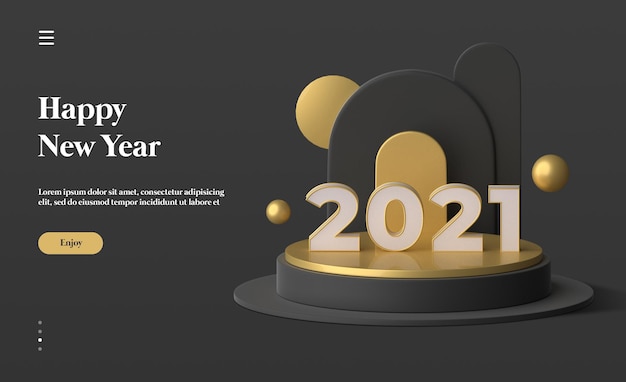 Felice anno nuovo 2021 con rendering di oggetti 3d