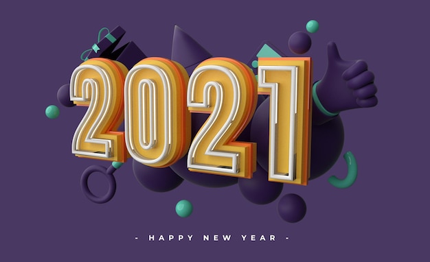 PSD felice anno nuovo 2021 con rendering di oggetti 3d