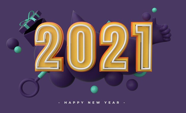 PSD happy new year 2021 with 3d object rendering