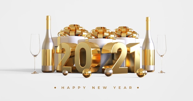 PSD happy new year 2021 with 3d objects rendering