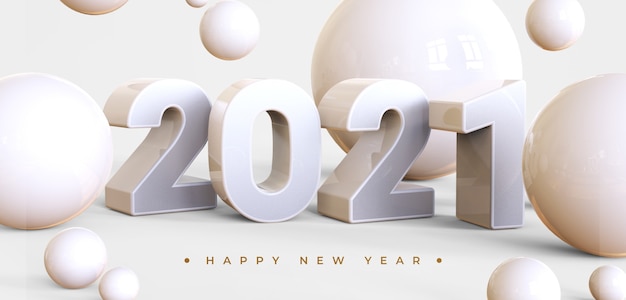 PSD felice anno nuovo 2021 con rendering di oggetti 3d