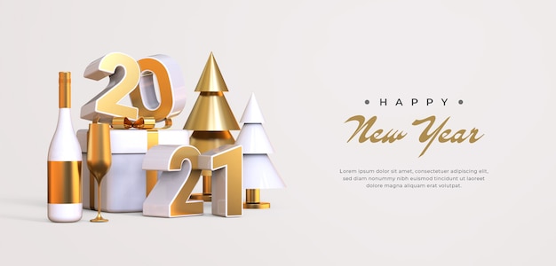 PSD happy new year 2021 with 3d objects rendering