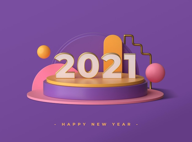 Happy new year 2021 with 3d objects rendering