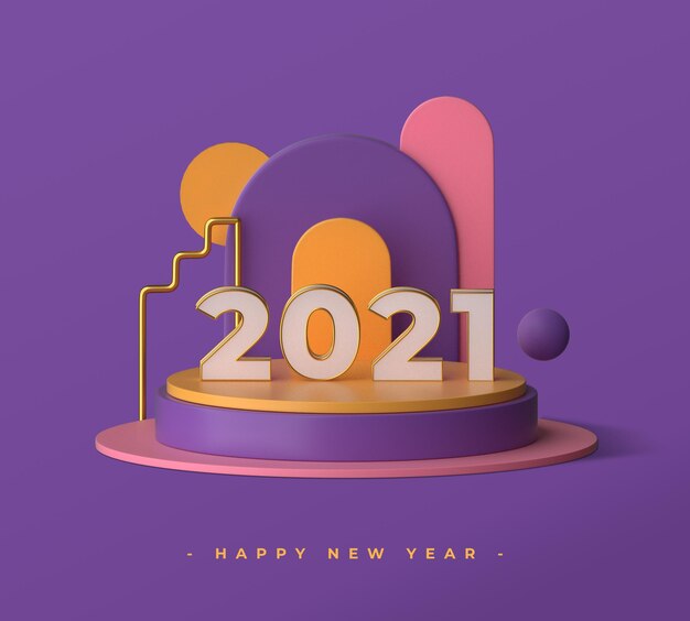 PSD happy new year 2021 with 3d objects rendering