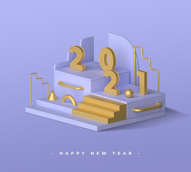 Felice anno nuovo 2021 con rendering di oggetti 3d