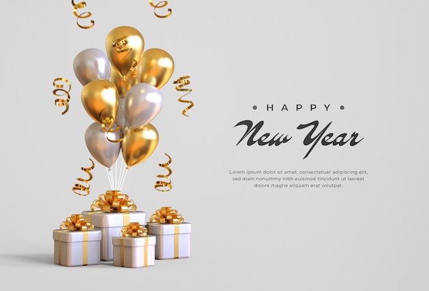Felice anno nuovo 2021 con scatole regalo, palloncini e coriandoli