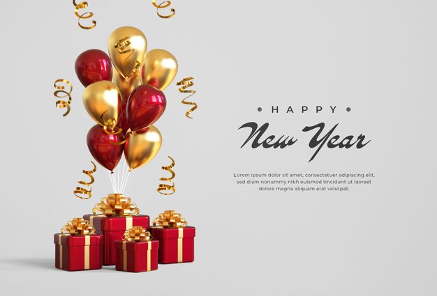 Happy new year 2021 with gift boxes, balloons and confetti