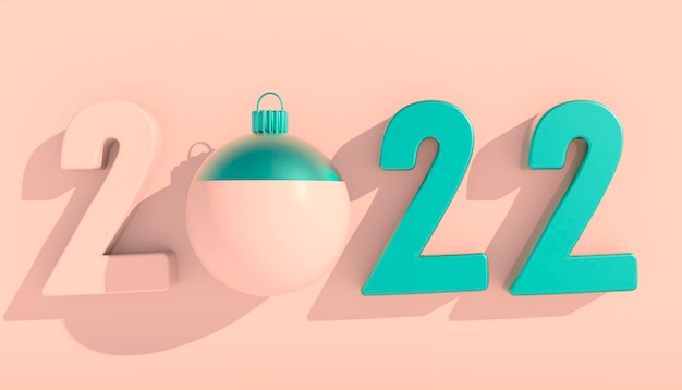 明けましておめでとうございます2022年。幾何学的な形とクリスマスボールの3d番号。 3dレンダリング。