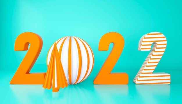 Felice anno nuovo 2022. numeri 3d con forme geometriche e palla di natale. rendering 3d.