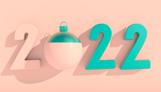 Happy new year 2022. 3d numbers with geometric shapes and christmas ball. 3d render.