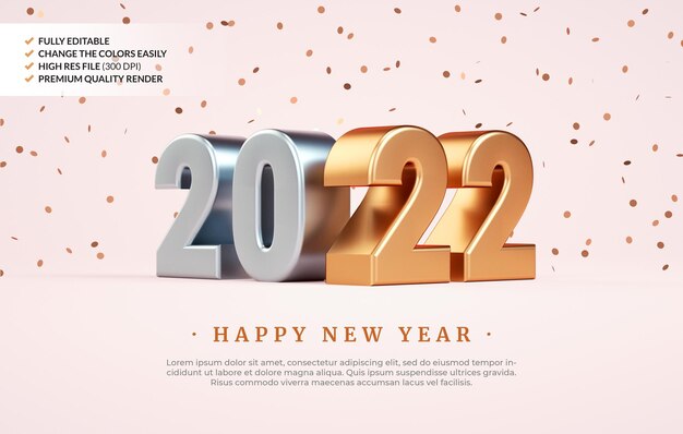 Felice anno nuovo 2022 sfondo banner con numeri dorati e coriandoli in rendering 3d realistico