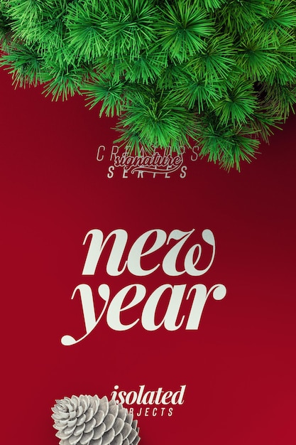 Happy new year 2022 portrait background mockup with decorative pine leaves top view