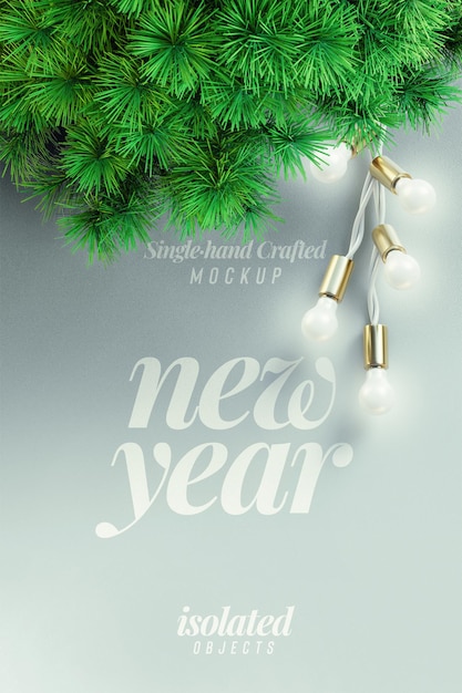 Happy new year 2022 portrait background mockup with decorative pine leaves top view