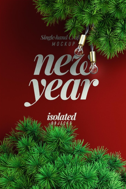 Happy new year 2022 portrait background mockup with decorative pine leaves top view