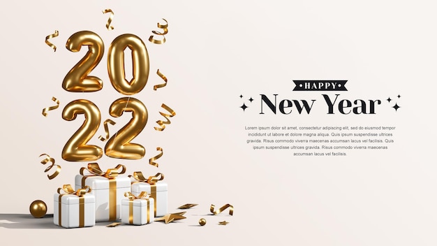 Happy new year 2022 with gift boxes balloons and confetti 3D render illustrations