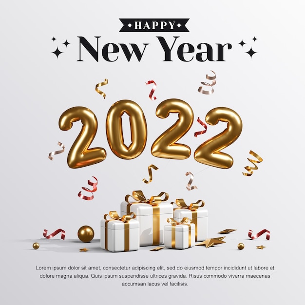 happy new year 2022 with gift boxes balloons and confetti 3d render illustrations