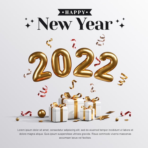 Happy new year 2022 with gift boxes balloons and confetti 3d render illustrations