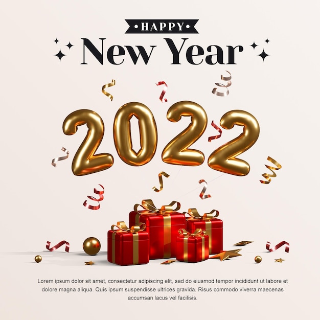 Happy new year 2022 with gift boxes balloons and confetti 3d render illustrations