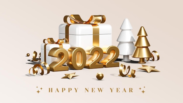 PSD happy new year 2022 with gift boxes balloons and confetti 3d render illustrations