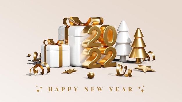 С новым 2022 годом с подарочными коробками, воздушными шарами и конфетти, 3d визуализация иллюстраций
