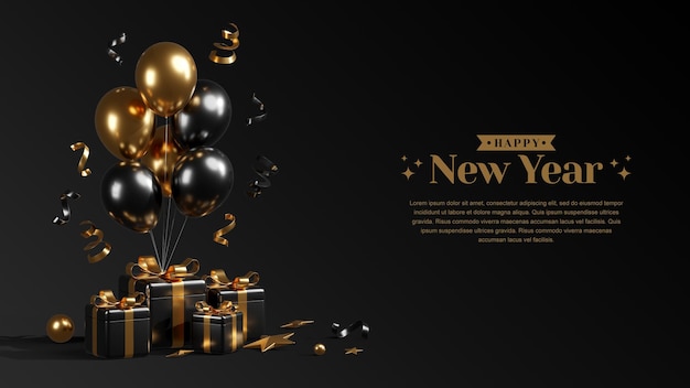 Happy new year 2022 with gift boxes balloons and confetti 3d render illustrations