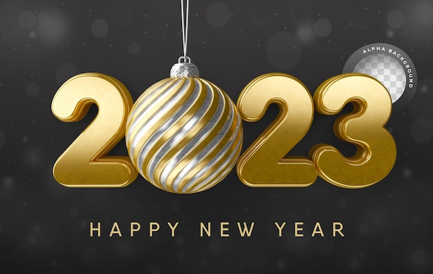 PSD happy new year 2023 3d render with golden christmas ball with transparent background template design