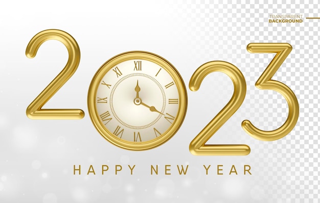 Felice anno nuovo 2023 nel rendering 3d con orologio dorato con disegno del modello di sfondo trasparente