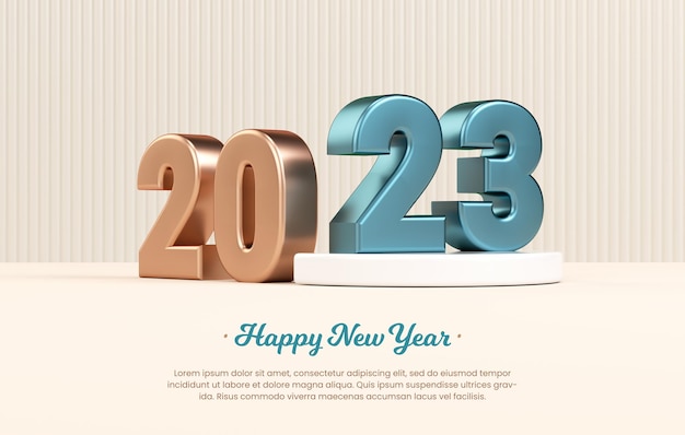 PSD happy new year 2023 banner background template with metallic numbers in realistic 3d rendering