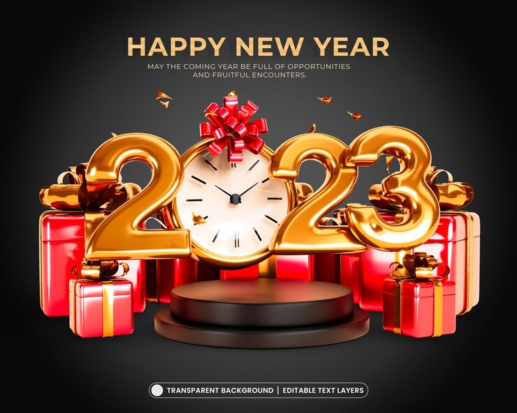 PSD happy new year 2023 banner template design 3d render concept