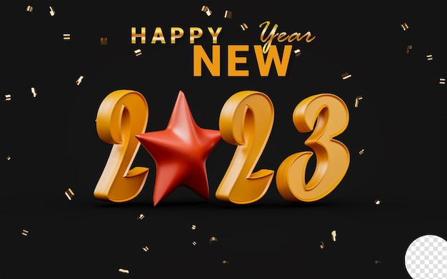 PSD happy new year 2023 banner template design with confetti on dark background 3d render concept