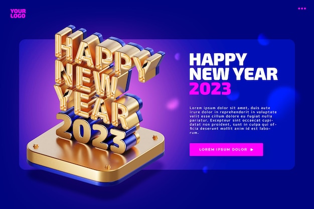 PSD 新年あけましておめでとうございます 2023 太字の高品質 3 d レンダリング テンプレート紫の背景に