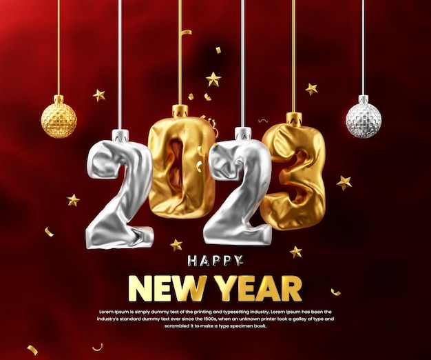 Happy new year 2023 celebration banner with gold glossy text 3d render or happy new years background