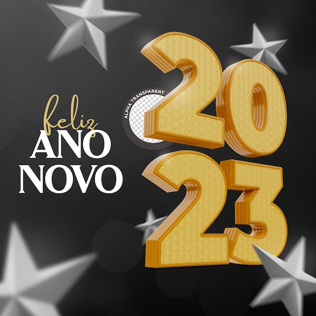 PSD happy new year 2023 editable artwork 3d rendered with them silver star 3d mentos