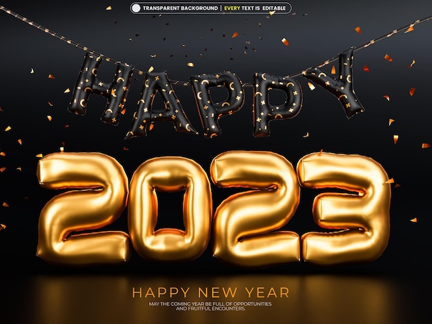 PSD felice anno nuovo 2023 effetto testo oro 3d rendering isolato