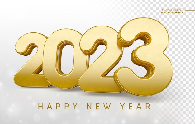 Happy New Year 2023 in golden 3d render with transparent background template design