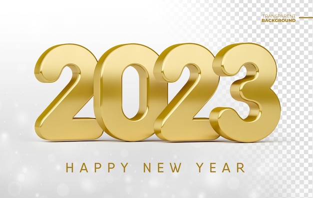 Happy New Year 2023 in golden 3d render with transparent background template design