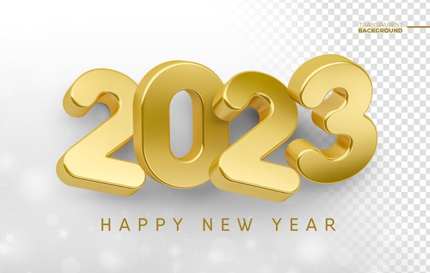 Happy new year 2023 in golden 3d render with transparent background template design