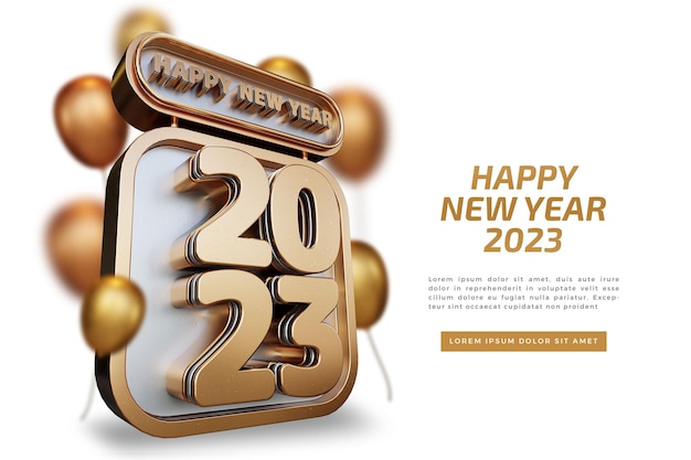 Felice anno nuovo 2023 lettere in grassetto dorate modello di rendering 3d di alta qualità su sfondo bianco