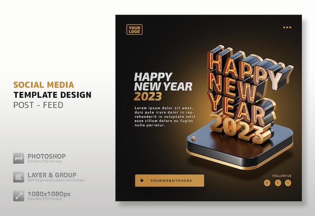 Felice anno nuovo 2023 post modello di social media rendering 3d di alta qualità